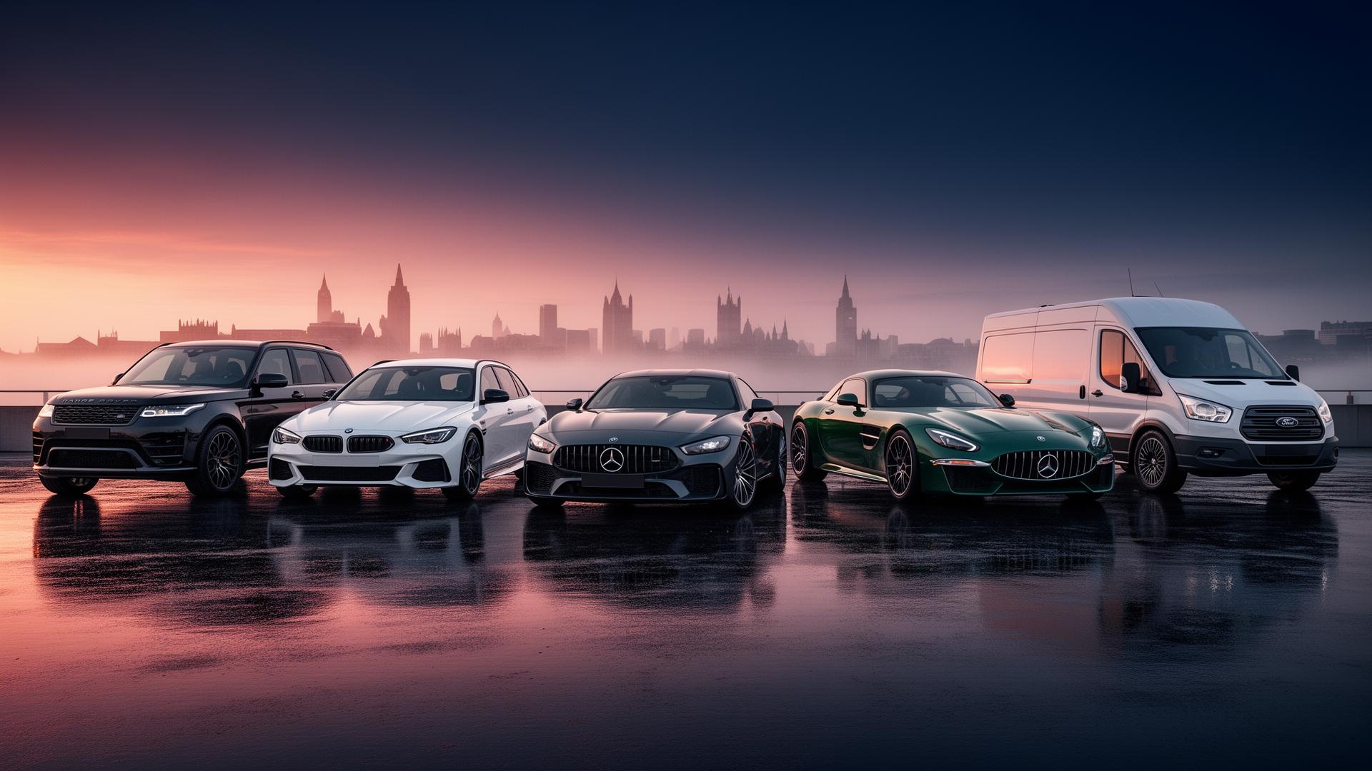 A lineup of premium UK vehicles at golden hour